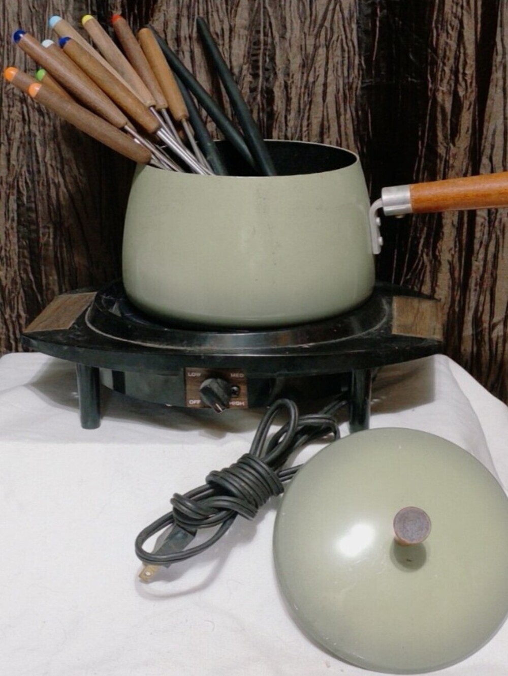 Vintage Green Fondue Set with Burner and Forks